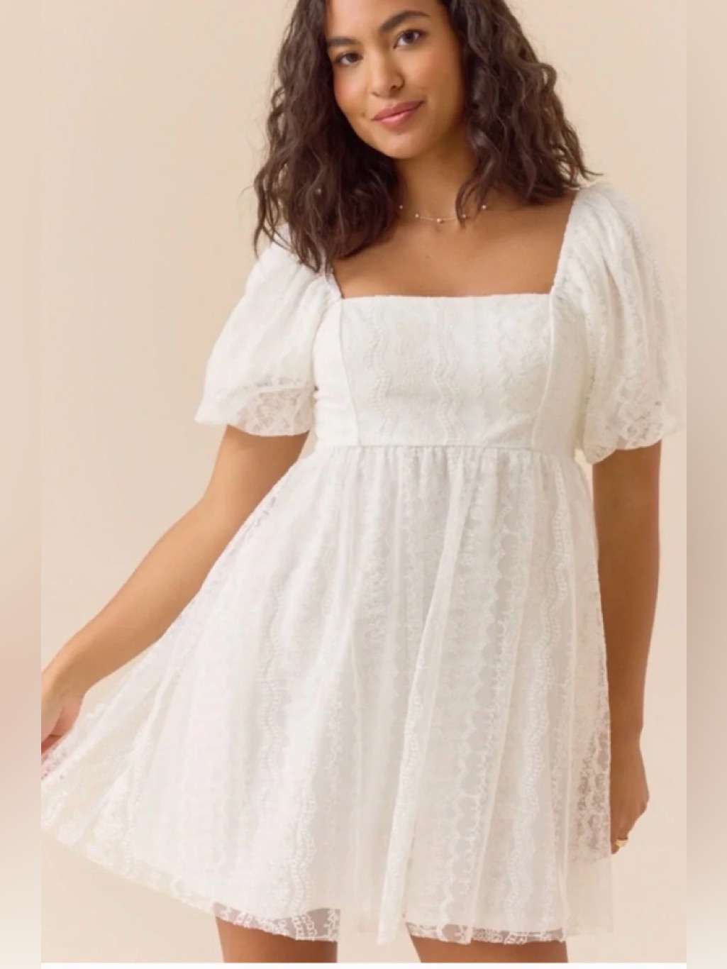 Altar'd State White Lace Square-Neck Puff Sleeve Mini Dress Size L